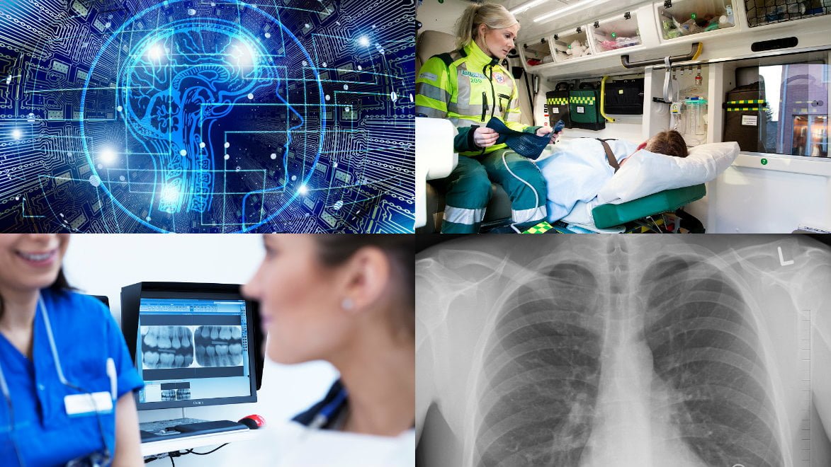 collage med ambulans och röntgenbilder