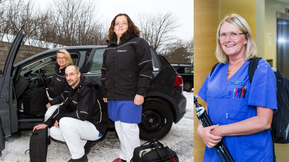 Närsjukvårdsteamet packar bilen med specialistsjukvårdsutrustning och beger sig hem till patienten. Ingrid Järpfält Svensson, en av medarbetarna i palliativa teamet, har packat ryggsäcken och är på väg till en av patienterna.