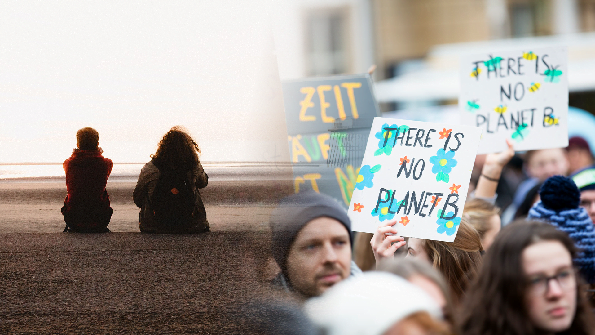 Bild på två personer som samtalr samt en bild på skyltar och personer som strejkar för klimatet.