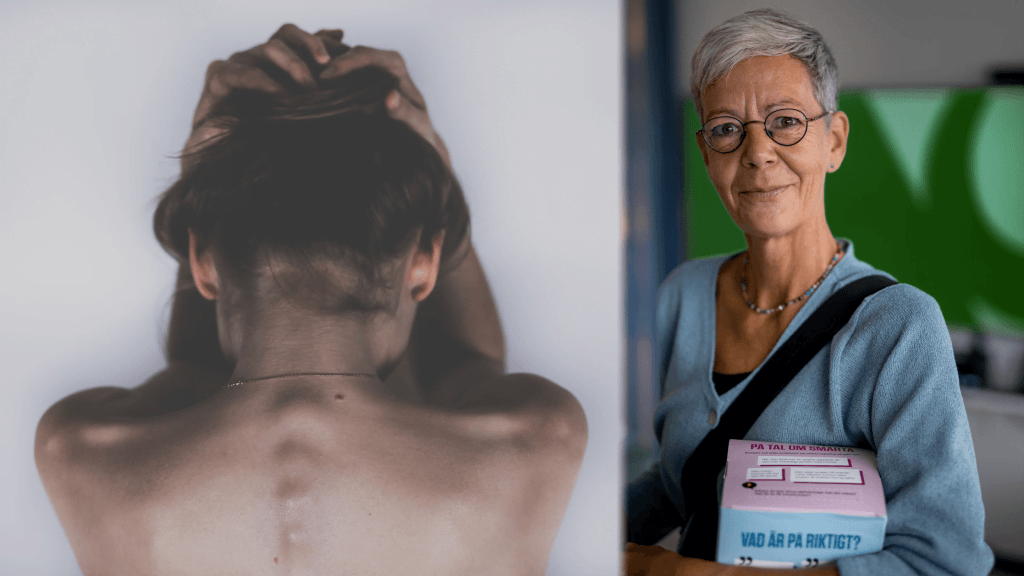 Bild på en kvinnas rygg, kvinnan håller händerna runt huvudet samt en porträtt bild på Anke Samulowitz,