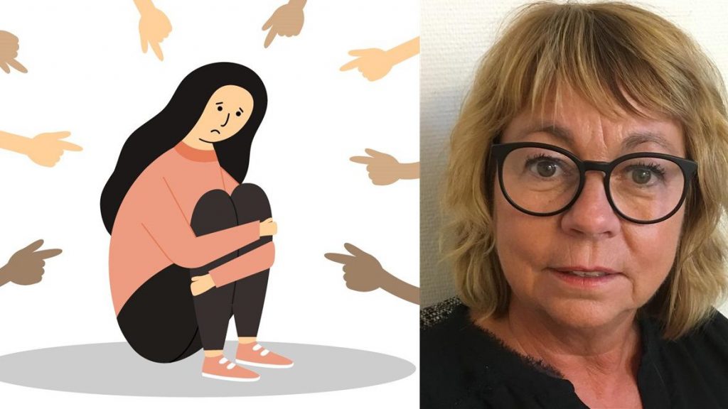 Illustration på flera händer som pekar på en tjej som sitter ihopkurad plus en porträttbild på Ann Wolmar.