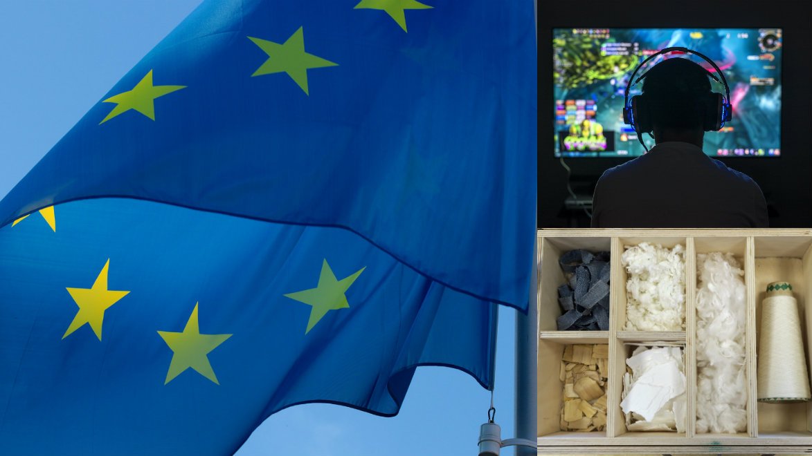 EUflagga, dataspelande och textilåtervinning.