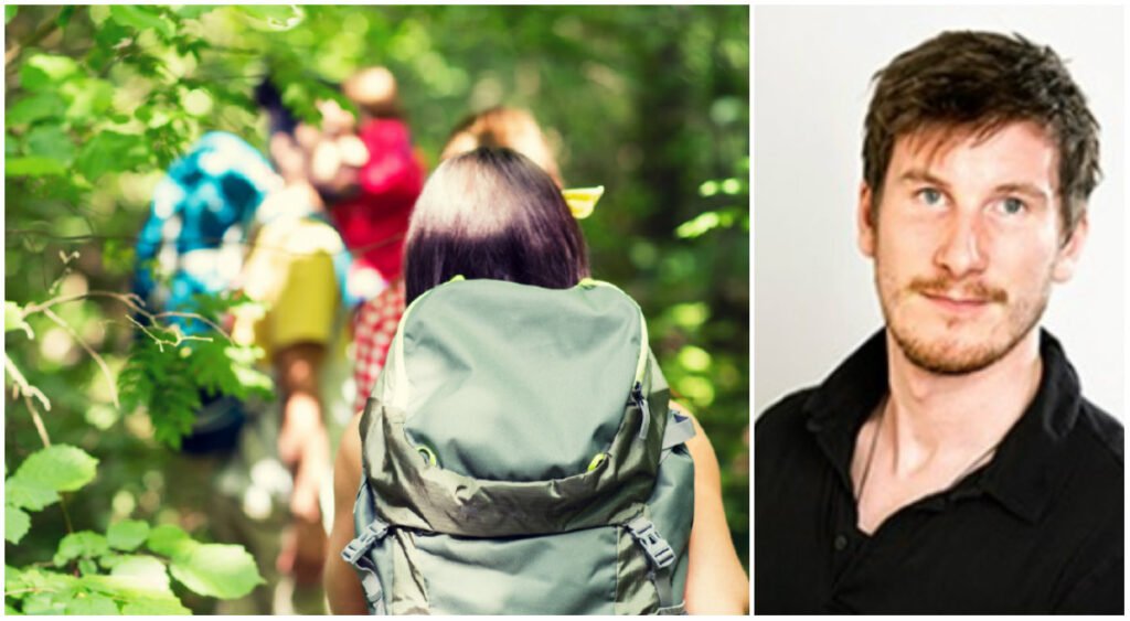 Personer på vandring i skogen och forskaren Andreas Skriver Hansen