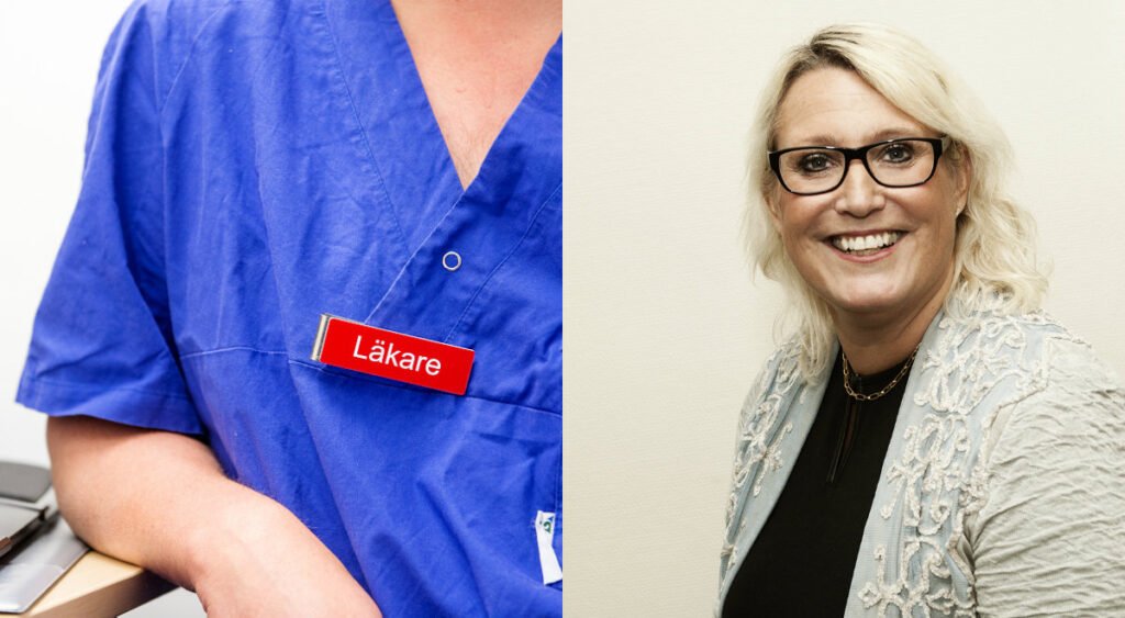 En namnbricka med ordet läkare plus ett porträtt på Susanne Tedsjö, chef för patientnämnderna s kansli. VGR