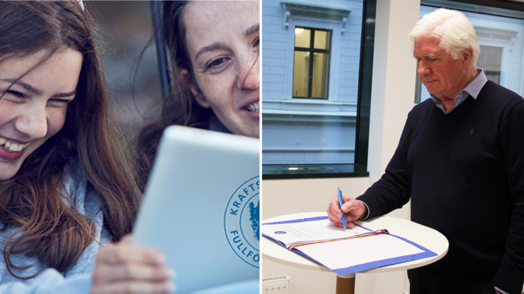 Två ungdomar framför en dator och regionstyrelsens ordförande Johnny Magnusson som skriver under demokratideklarationen.