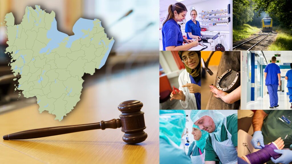 Bildkollage på olika yrkesgrupper i VGR och en beslutsklubba framför en karta av Västra Götaland