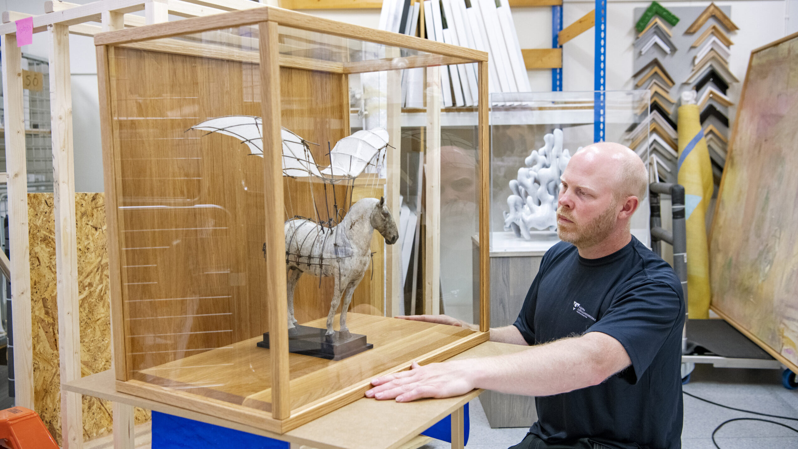 Vit flygare, en skulptur av Marta Runemark, har fått ett vägghängt skåp i ek och glas. Den kommer snart att hänga på en folktandvårdsklinik i Boråsområdet. Foto: Kent Eng