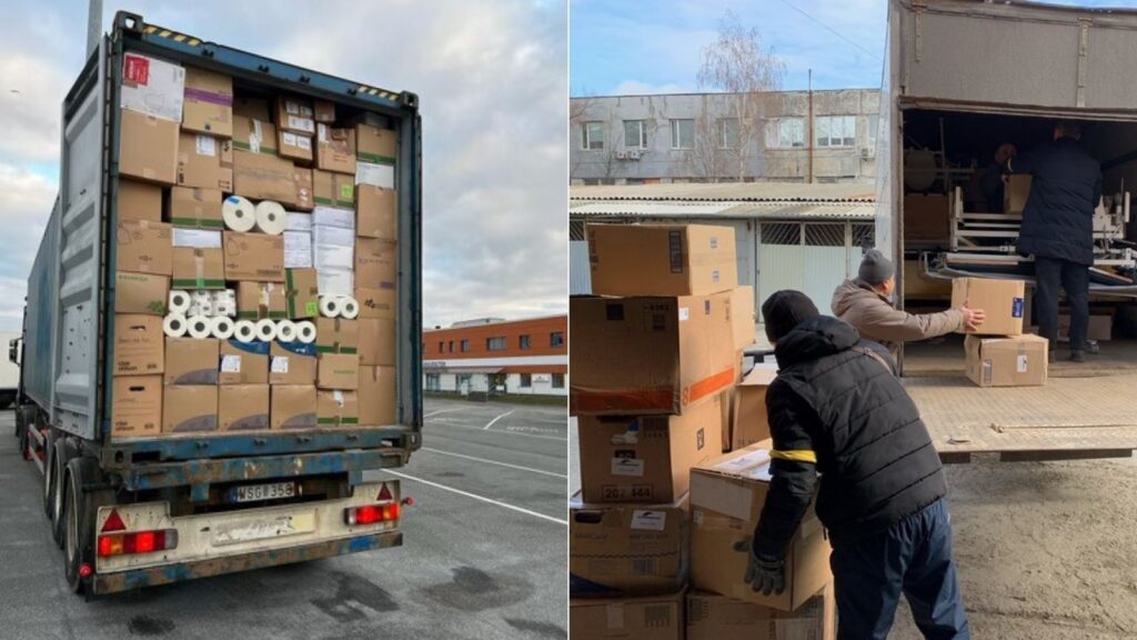 En lastbil packad till bristningsgränsen med material som ska till Ukraina.