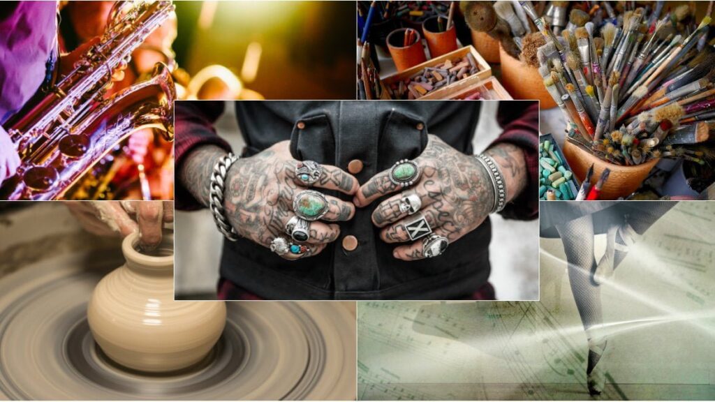 collage med dansare, drejare, saxofon och tatuerade händer.