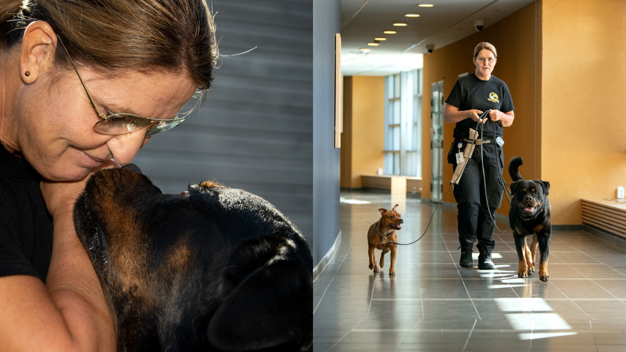 Hundförare och vårdenhetschef Marika Broberg går tillsammans med sina hundar Bosse och Doris i en sjukhuskorridor. Marika får en blöt puss av hunden Bosse