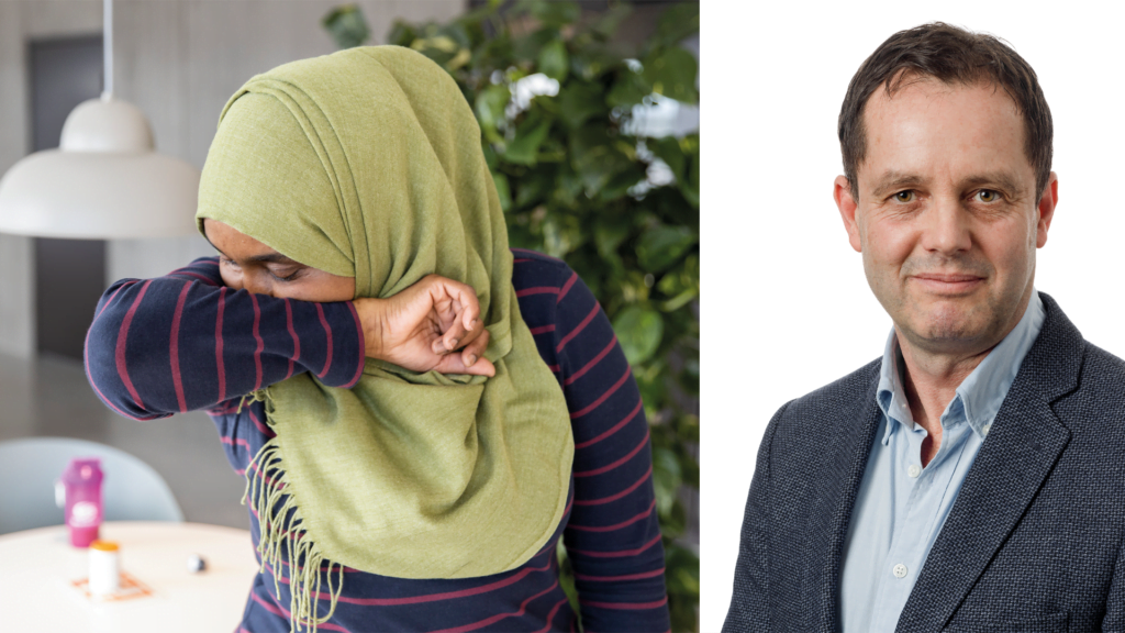 En kvinna nyser och en bild på smittskyddsläkare Petter Malmström.