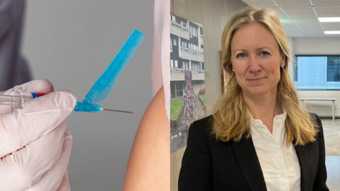 En vaccinspruta som ges i en arm och Kristine Rygge, vaccinationssamordnare i VGR.