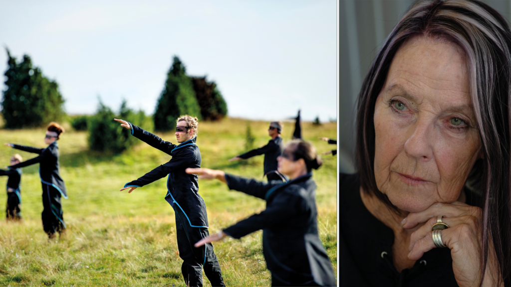 Flera dansare på ett fält och en porträttbild på Gun.