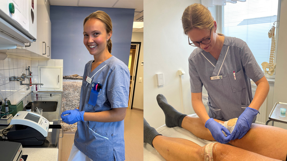 två kvinnor i vårdkläder arbetar på vårdcentral