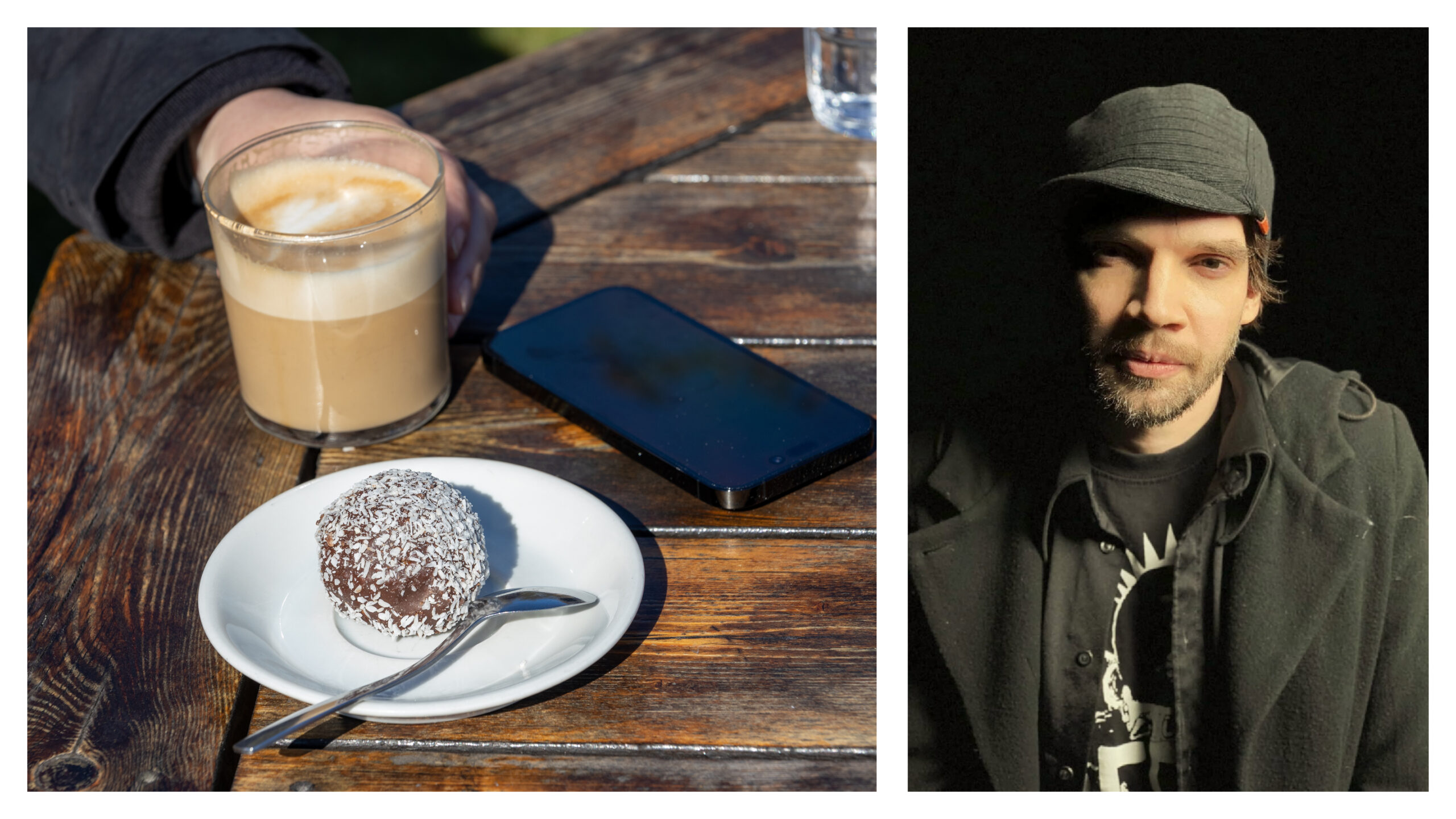 Ett glas med kaffe, en chokladboll och ett porträtt på en man.