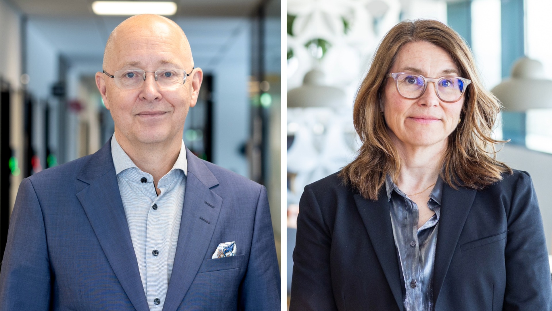 Collage med porträttbilder av en man och en kvinna som båda står i kontorsmiljö.