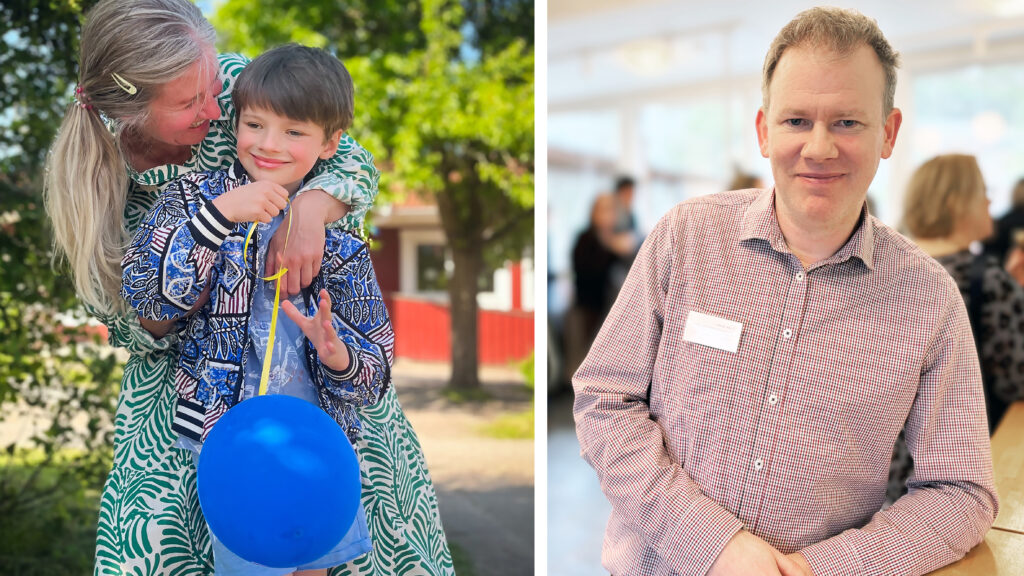 En kvinna kramar om en barn. En man tittar rakt in i kameran.