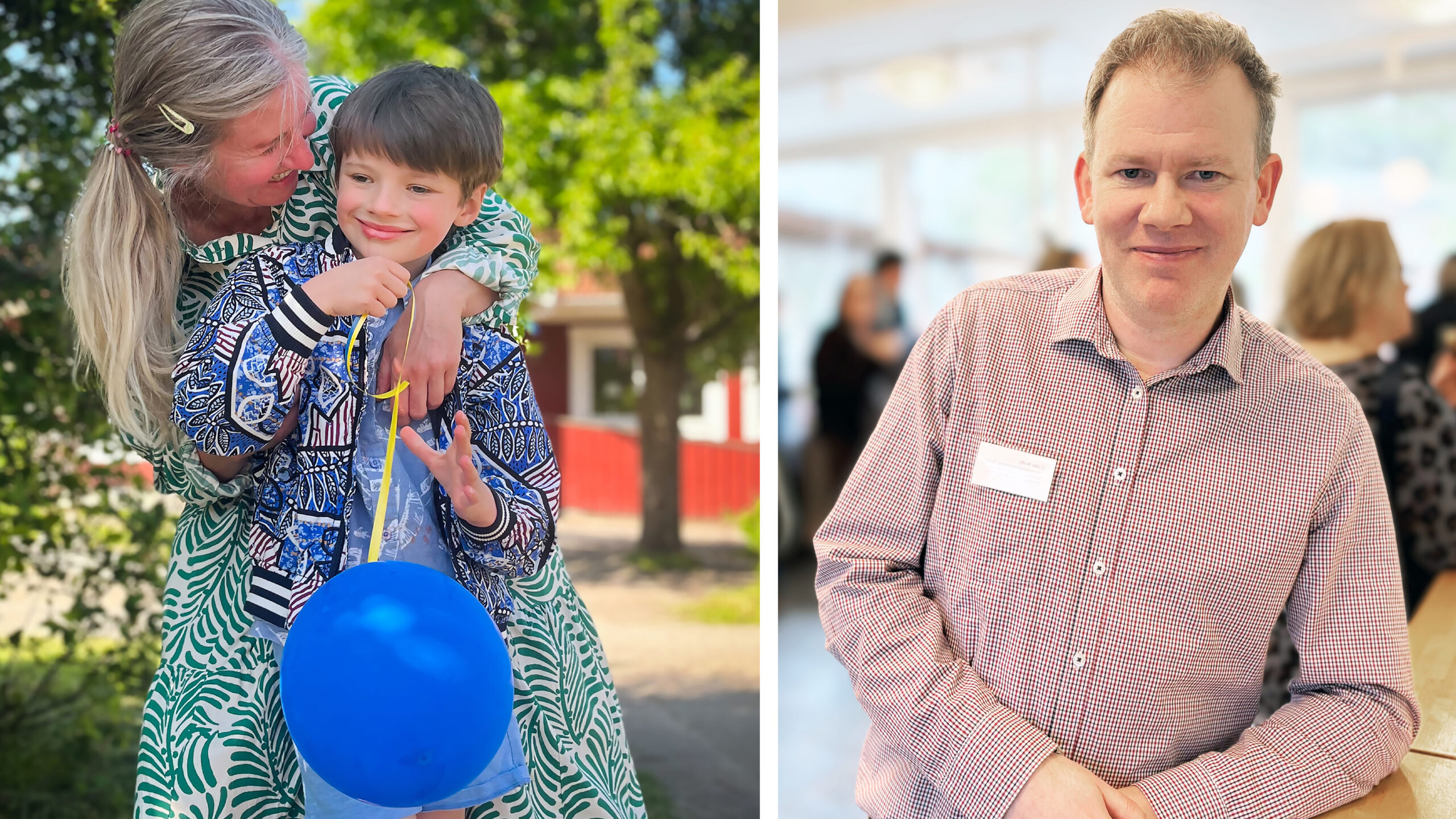 En kvinna kramar om en barn. En man tittar rakt in i kameran.