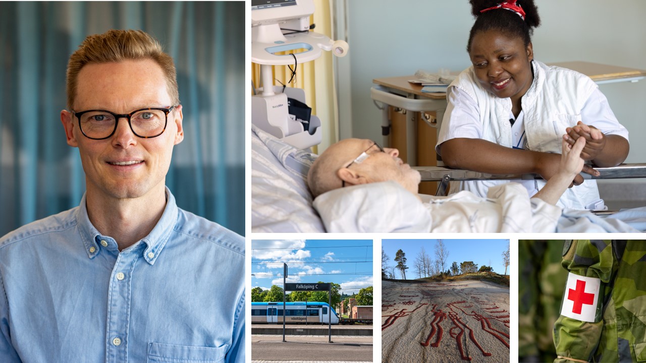 Kollage med VGR:s ekonomidirektör samt bilder från olika VGR-verksamheter