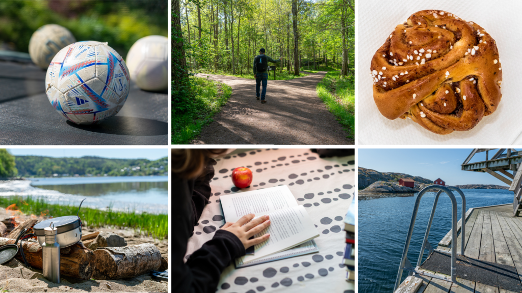 kollage med fotboll, vandring, fika, picknick, läsning och bad