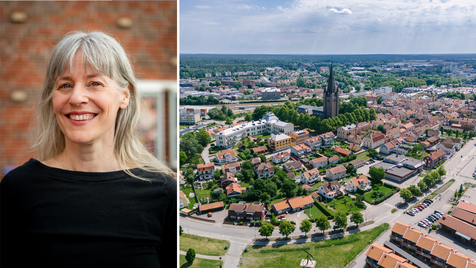 Bildkollage med porträttbild på en kvinna samt ett flygfoto över Mariestad