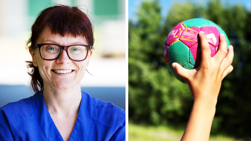 Porträtt på en kvinna och närbild på en hand som håller i en handboll